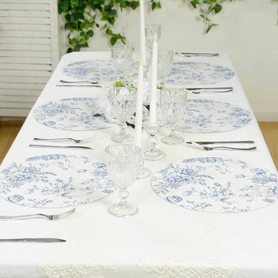 10-Pack Disposable Table Placemats in French Toile Print 13" in Matte White/Blue - Classy Cardboard Placemats for Dinner Parties & Banquets