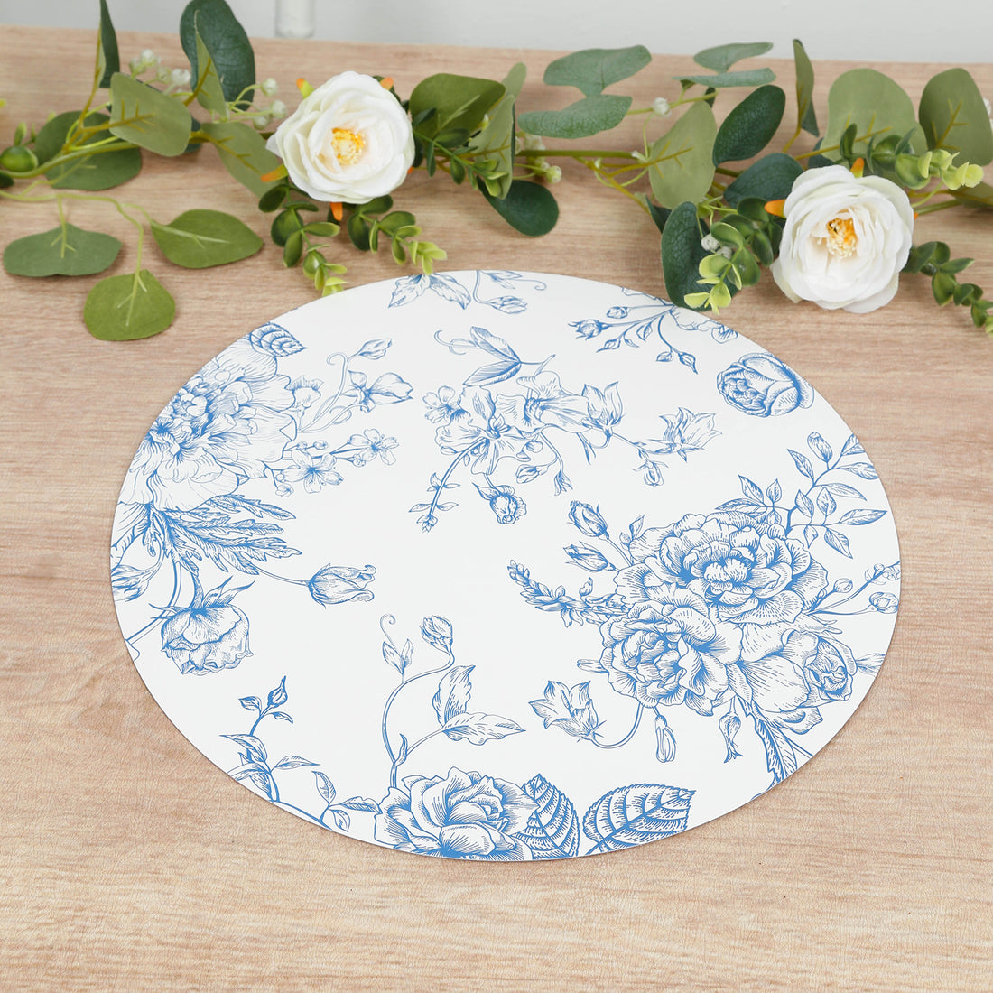 10-Pack Disposable Table Placemats in French Toile Print 13inch White/Blue - Classy Cardboard