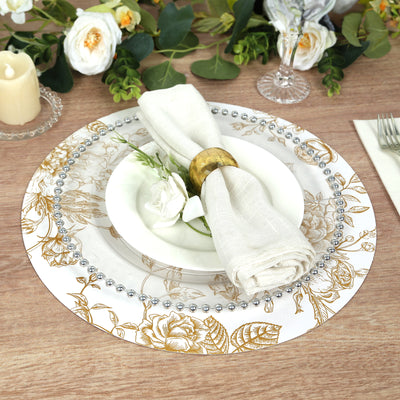 6-Pack Disposable Table Placemats in French Toile Print 13" in White/Gold - Classy Cardboard Placemats for Dinner Parties & Banquets