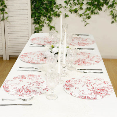 10-Pack Disposable Table Placemats in French Toile Print 13" in Matte White/Red - Classy Cardboard Placemats for Dinner Parties & Banquets