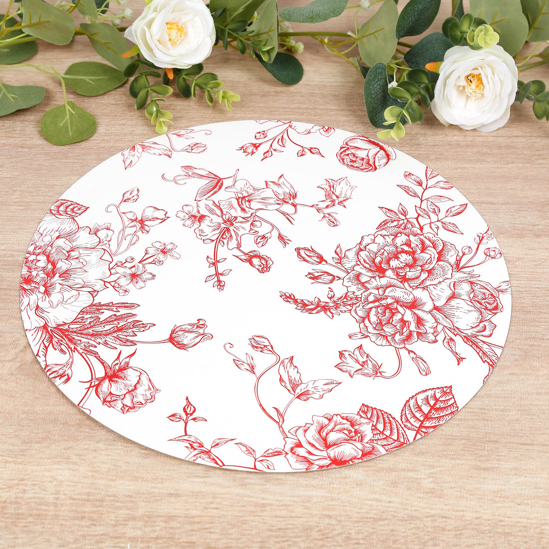 10-Pack Disposable Table Placemats in French Toile Print 13inch Matte White/Red