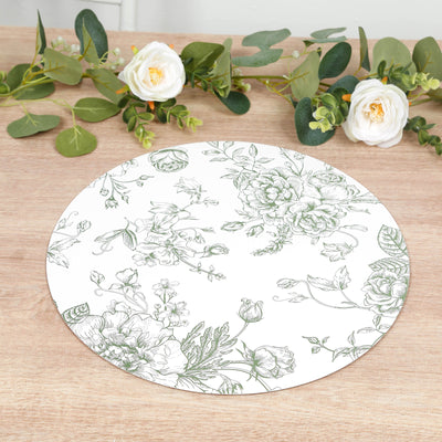 10-Pack Disposable Table Placemats in French Toile Print 13" in  Matte White/Sage Green - Classy Cardboard Placemats for Dinner Parties & Banquets