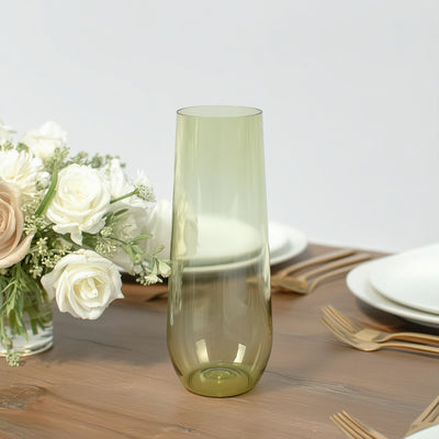 12 Pack Plastic Champagne Flutes in Transparent Dusty Sage Green, Reusable Lightweight Champagne Glass 9oz