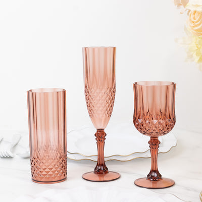 6-Pack Transparent Plastic Champagne Glasses 8oz, Crystal Cut Style Dusty Rose - Shatterproof Wedding Toast Flutes