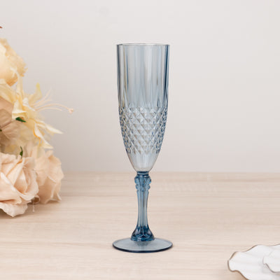 6-Pack Transparent Plastic Champagne Glasses 8oz, Crystal Cut Style Dusty Blue - Shatterproof Wedding Toast Flutes