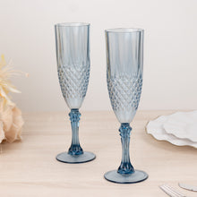 6 Pack Dusty Blue Crystal Cut Reusable Plastic Champagne Glasses, Shatterproof Wedding