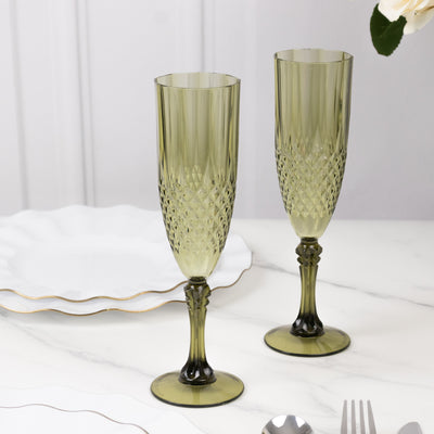 6-Pack Transparent Plastic Champagne Glasses 8oz, Crystal Cut Style Dusty Sage Green - Shatterproof Wedding Toast Flutes