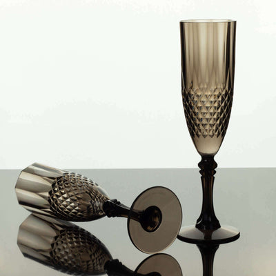 6-Pack Transparent Plastic Champagne Glasses 8oz, Crystal Cut Style Black - Shatterproof Wedding Toast Flutes