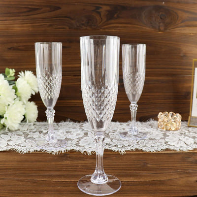 6-Pack Transparent Plastic Champagne Glasses 8oz, Crystal Cut Style Clear - Shatterproof Wedding Toast Flutes