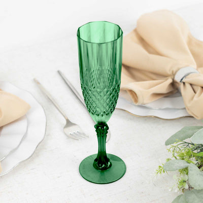 6-Pack Transparent Plastic Champagne Glasses 8oz, Crystal Cut Style Hunter Emerald Green - Shatterproof Wedding Toast Flutes