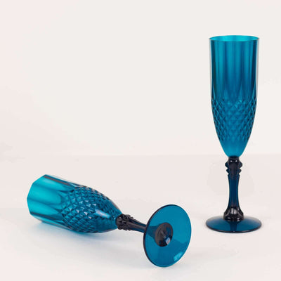 6-Pack Transparent Plastic Champagne Glasses 8oz, Crystal Cut Style Navy Blue - Shatterproof Wedding Toast Flutes