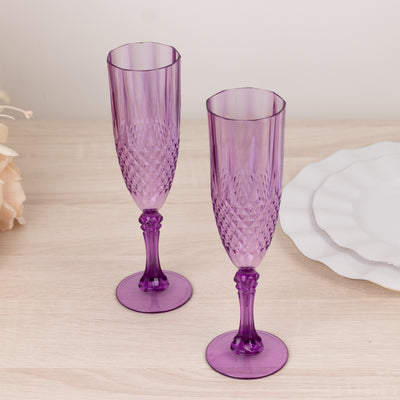 6-Pack Transparent Plastic Champagne Glasses 8oz, Crystal Cut Style Purple - Shatterproof Wedding Toast Flutes