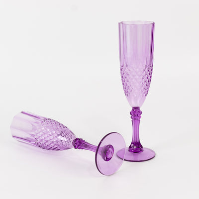 6-Pack Transparent Plastic Champagne Glasses 8oz, Crystal Cut Style Purple - Shatterproof Wedding Toast Flutes