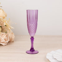 6 Pack Purple Crystal Cut Reusable Plastic Champagne Glasses, Shatterproof Wedding Toast Flute Glasses 8oz