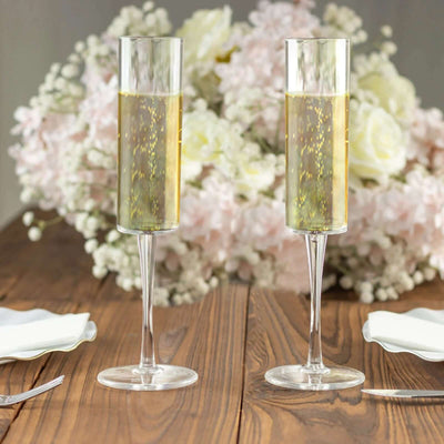 6-Pack Clear Plastic Champagne Flute Glasses 6oz, Cylindrical Shape with Long Stems - Reusable Wine Mimosa Goblets 9.5" Tall