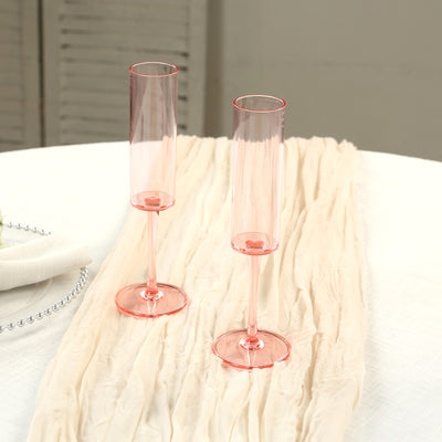 6-Pack Transparent Blush Plastic Champagne Flute Glasses 6oz, Cylindrical Shape with Long Stems - Reusable Wine Mimosa Goblets 9.5" Tall