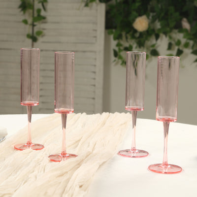 6-Pack Transparent Blush Plastic Champagne Flute Glasses 6oz, Cylindrical Shape with Long Stems - Reusable Wine Mimosa Goblets 9.5" Tall