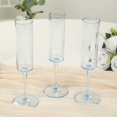 6-Pack Transparent Dusty Blue Plastic Champagne Flute Glasses 6oz, Cylindrical Shape with Long Stems - Reusable Wine Mimosa Goblets 9.5" Tall