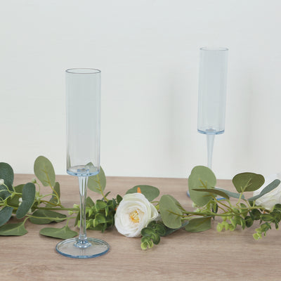 6-Pack Transparent Dusty Blue Plastic Champagne Flute Glasses 6oz, Cylindrical Shape with Long Stems - Reusable Wine Mimosa Goblets 9.5" Tall