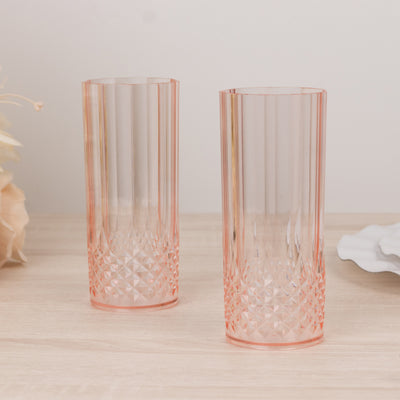 6-Pack Plastic Highball Drink Glasses 14oz, Crystal Cut Style Transparent Blush - Shatterproof Tall Cocktail Tumblers
