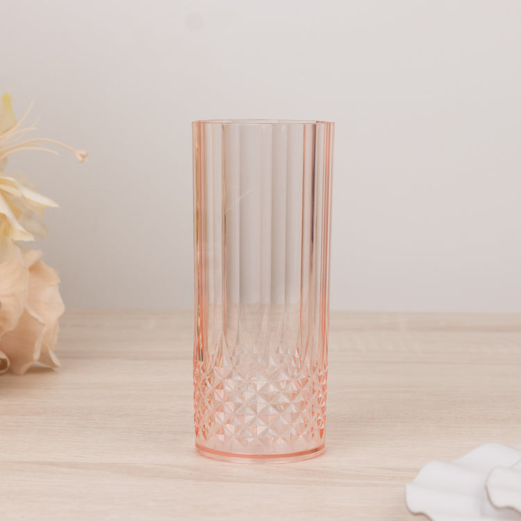 6 Pack Transparent Blush Crystal Cut Reusable Plastic Highball Drink Glasses, Shatterproof Tall