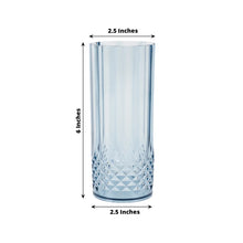 6 Pack Dusty Blue Crystal Cut Reusable Plastic Highball Drink Glasses, Shatterproof Tall