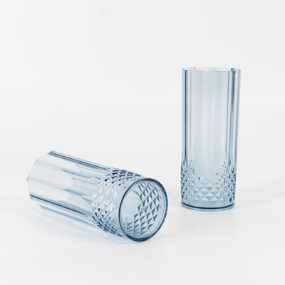 6-Pack Transparent Plastic Highball Drink Glasses 14oz, Crystal Cut Style Dusty Blue - Shatterproof Tall Cocktail Tumblers