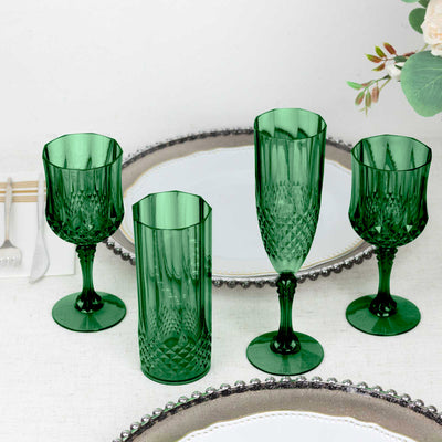 6-Pack Transparent Plastic Highball Drink Glasses 14oz, Crystal Cut Style Hunter Emerald Green - Shatterproof Tall Cocktail Tumblers