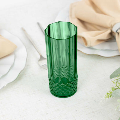 6-Pack Transparent Plastic Highball Drink Glasses 14oz, Crystal Cut Style Hunter Emerald Green - Shatterproof Tall Cocktail Tumblers