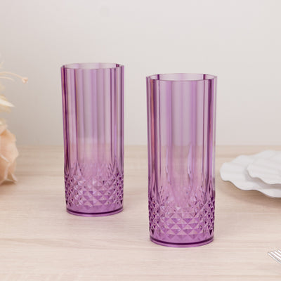 6-Pack Transparent Plastic Highball Drink Glasses 14oz, Crystal Cut Style Purple - Shatterproof Tall Cocktail Tumblers