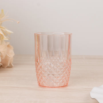 6 Pack Transparent Blush Reusable Plastic All-Purpose Cups in Crystal Cut Style, Shatterproof Short Tumbler Glasses - 16oz