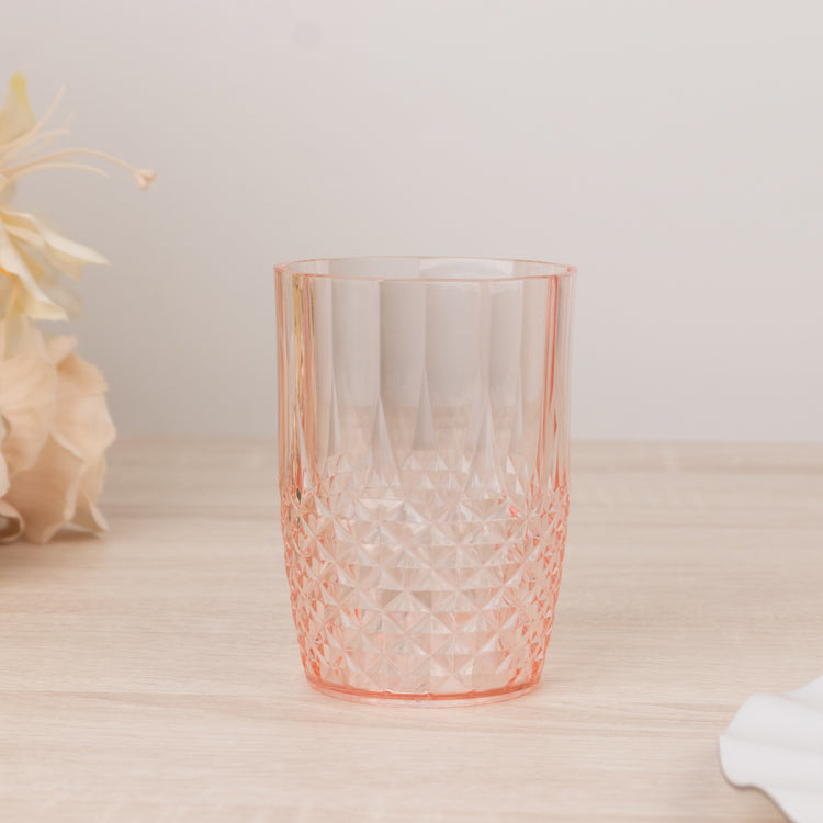 6 Pack Transparent Blush Reusable Plastic All-Purpose Cups in Crystal Cut Style, Shatterproof Short