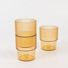 12 Pack Amber Gold Stackable Ribbed Reusable Plastic Tumblers, Shatterproof Short Drinking Glasses