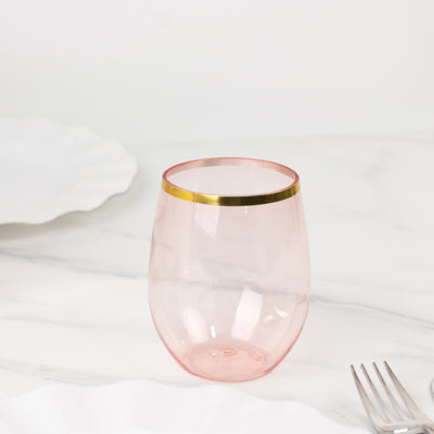 12-Pack Plastic Stemless Wine Glasses 12oz, Transparent Blush with Gold Rim - Reusable Tumblers for Events