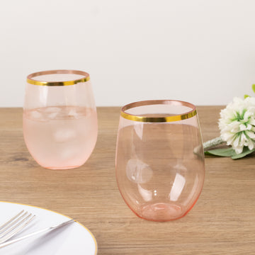 12 Pack Transparent Blush Plastic Stemless Wine Glasses with Gold Rim, Reusable Wine Tumblers - 12oz