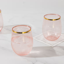 12 Pack Transparent Blush Plastic Stemless Wine Glasses with Gold Rim, Reusable Wine Tumbler - 12oz