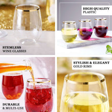 12 Pack Transparent Blush Plastic Stemless Wine Glasses with Gold Rim, Reusable Wine Tumbler - 12oz