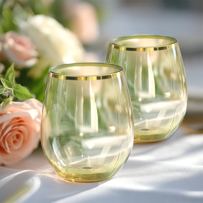 12-Pack Plastic Stemless Wine Glasses 12oz, Transparent Dusty Sage Green with Gold Rim - Reusable Tumblers for Events