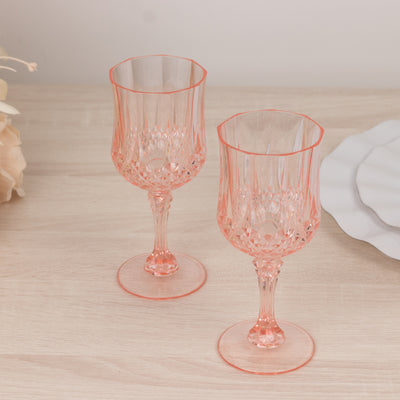 6-Pack Plastic Crystal Cut Wine Glasses 8oz, Transparent Blush - Shatterproof Cocktail Goblets