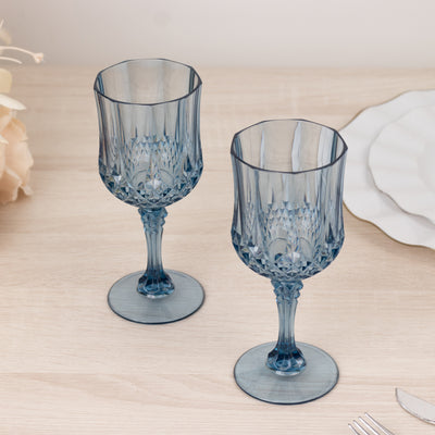 6-Pack Transparent Plastic Crystal Cut Wine Glasses 8oz, Dusty Blue - Shatterproof Cocktail Goblets
