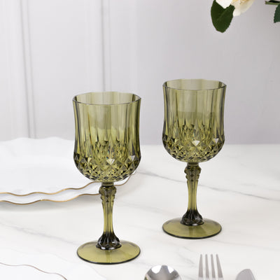 6-Pack Plastic Crystal Cut Wine Glasses 8oz, Dusty Sage Green - Shatterproof Cocktail Goblets