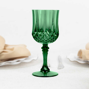 6 Pack Hunter Emerald Green Crystal Cut Reusable Plastic Wine Glasses, Shatterproof Cocktail Goblets 8oz