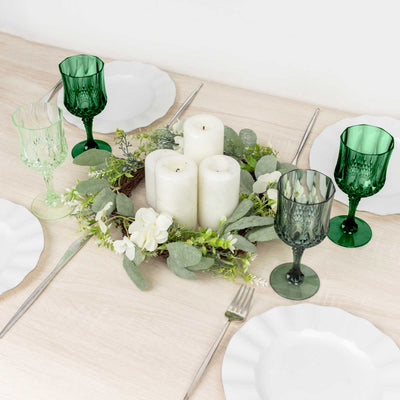 12-Pack Transparent Plastic Crystal Cut Wine Glasses 8oz, Assorted Green - Shatterproof Cocktail Goblets