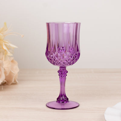 6-Pack Transparent Plastic Crystal Cut Wine Glasses 8oz, Purple - Shatterproof Cocktail Goblets