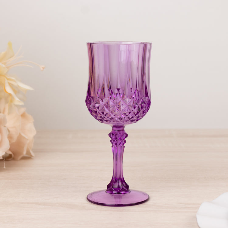 6 Pack Purple Crystal Cut Reusable Plastic Wine Glasses, Shatterproof Cocktail Goblets