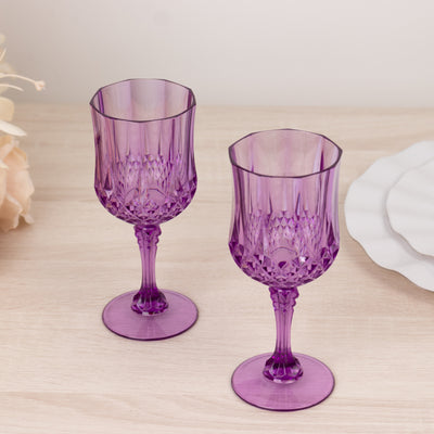 6-Pack Transparent Plastic Crystal Cut Wine Glasses 8oz, Purple - Shatterproof Cocktail Goblets