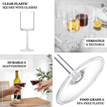 6 Pack Clear Plastic Square Wine Glasses With Long Stem, Shatterproof Reusable Cocktail Glasses 10oz