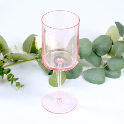 6-Pack Transparent Blush Plastic Cylindrical Wine Glasses 10oz, Long Stem - Shatterproof Reusable Cocktail Glasses