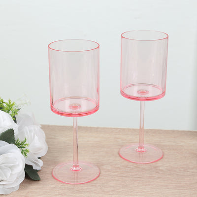 6-Pack Transparent Blush Plastic Cylindrical Wine Glasses 10oz, Long Stem - Shatterproof Reusable Cocktail Glasses