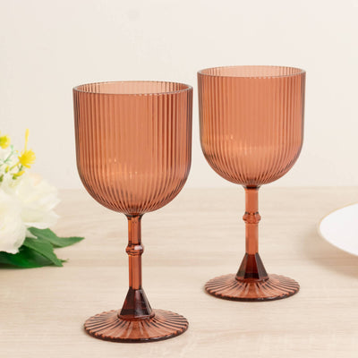12-Pack Dusty Rose Plastic Wine Glasses 9oz, Vintage Ribbed Pattern - Reusable Shatterproof Goblets